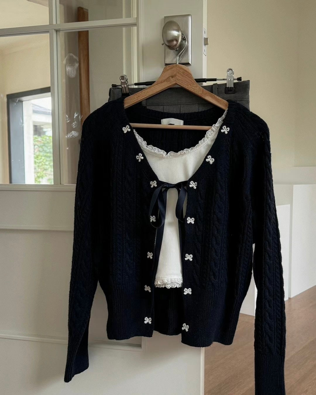 針織綁帶蝴蝶結外套(薄款）