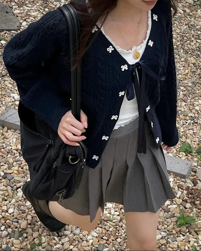 針織綁帶蝴蝶結外套(薄款）