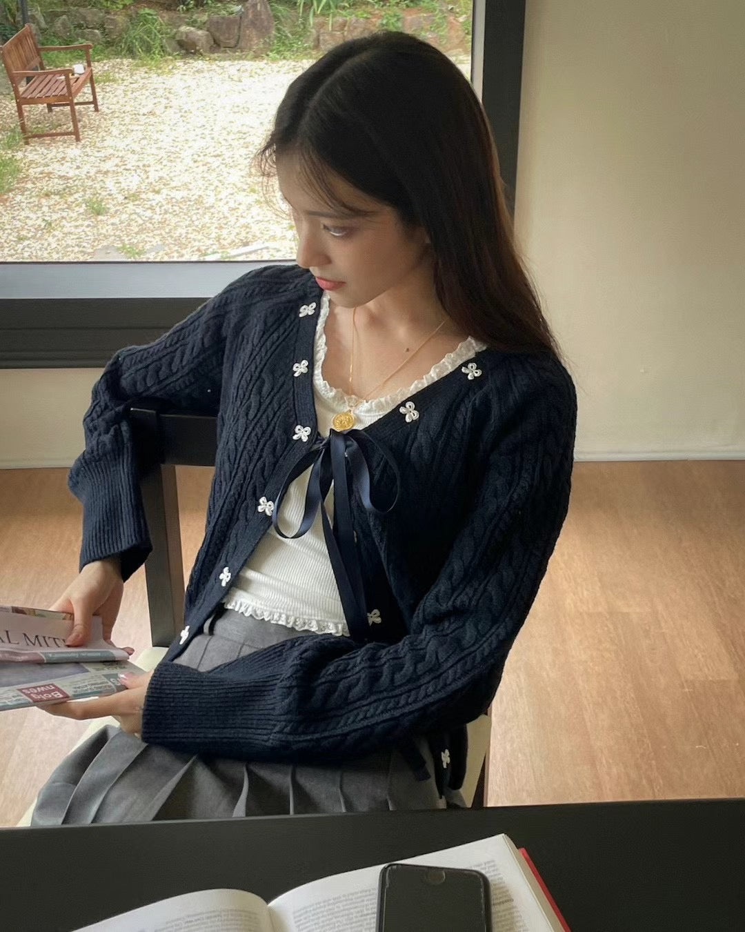 針織綁帶蝴蝶結外套(薄款）