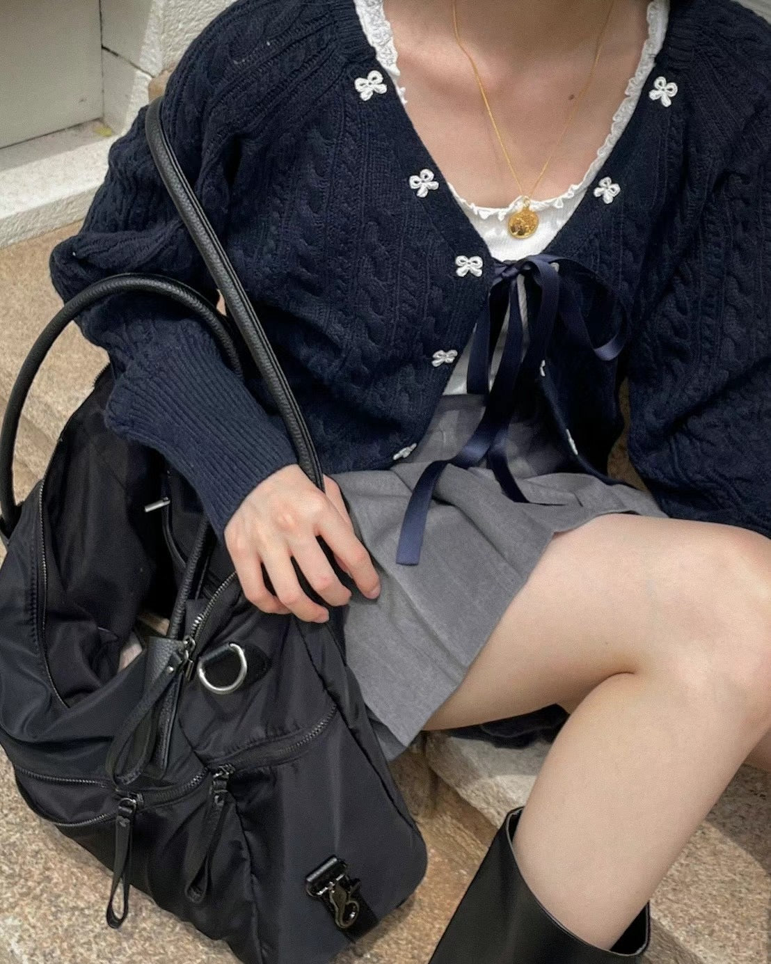 針織綁帶蝴蝶結外套(薄款）