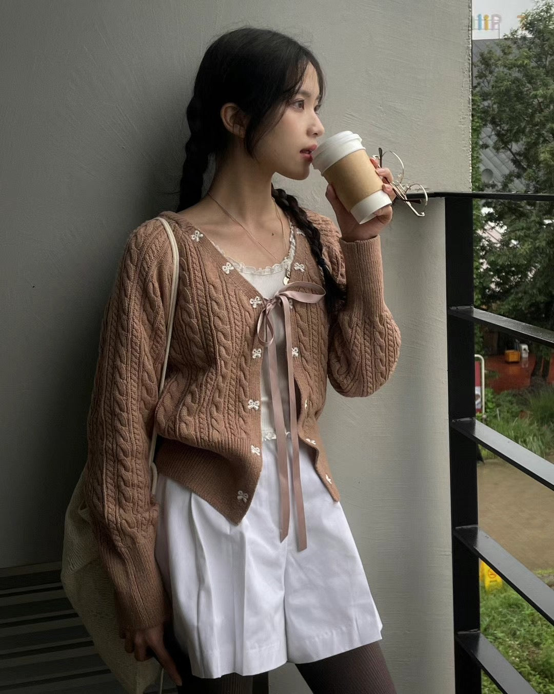 針織綁帶蝴蝶結外套(薄款）