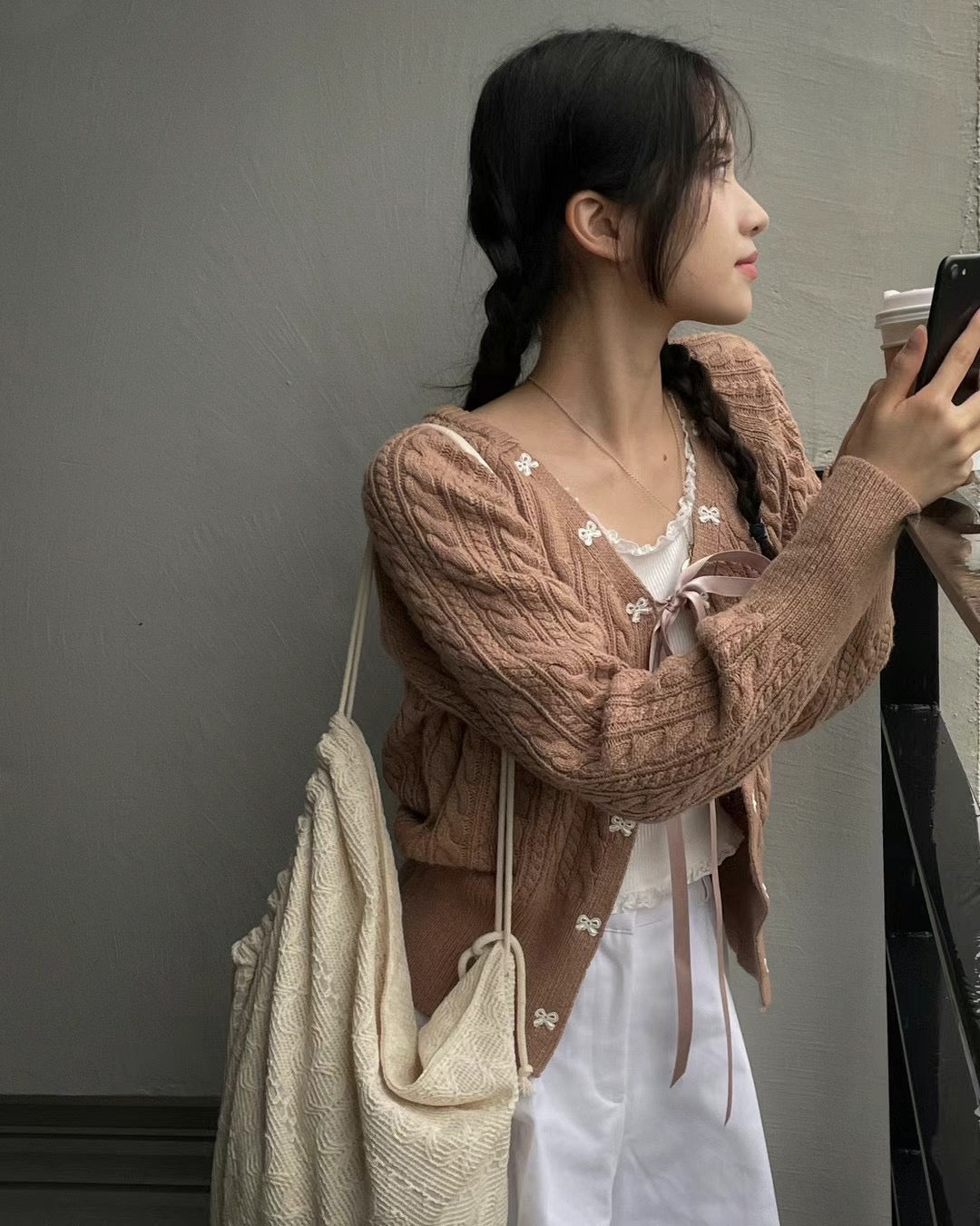 針織綁帶蝴蝶結外套(薄款）