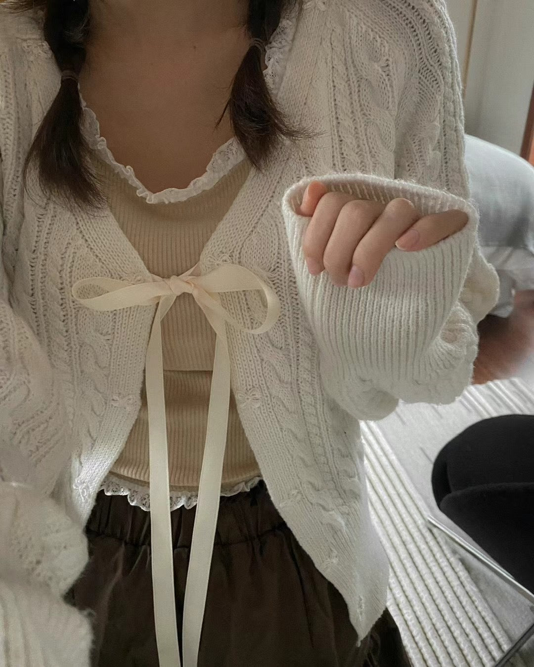 針織綁帶蝴蝶結外套(薄款）