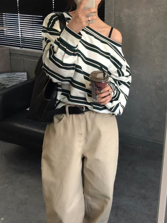 斜脖間條長袖tee