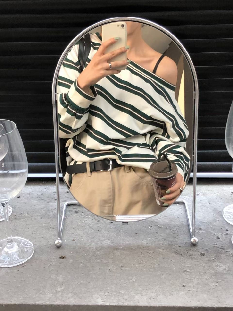 斜脖間條長袖tee