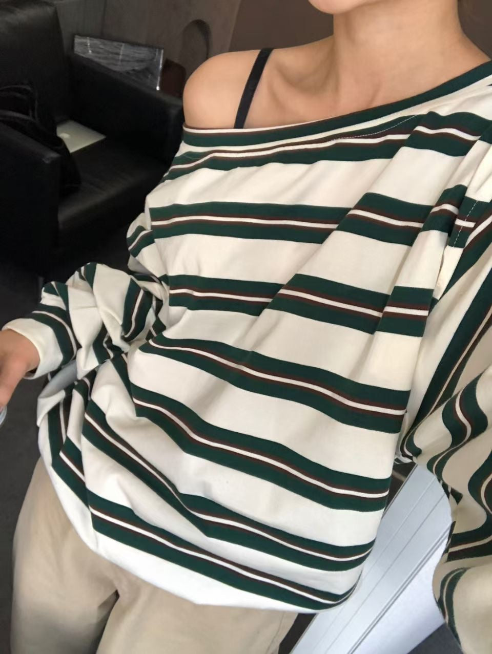 斜脖間條長袖tee