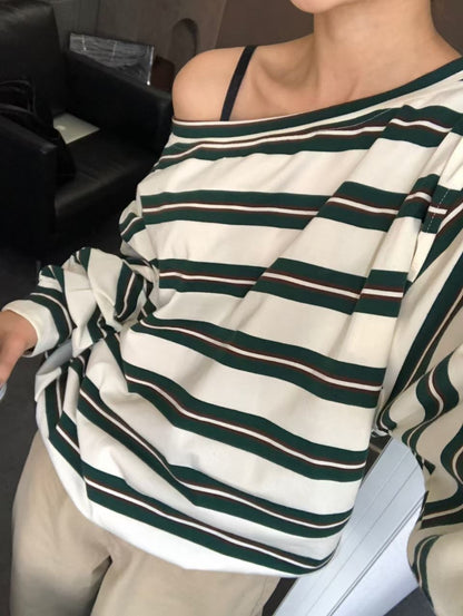 斜脖間條長袖tee