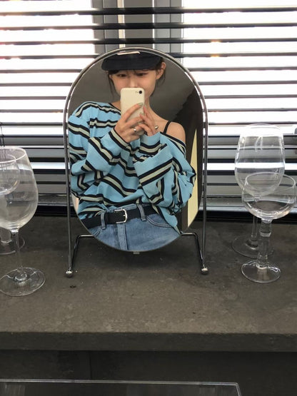 斜脖間條長袖tee