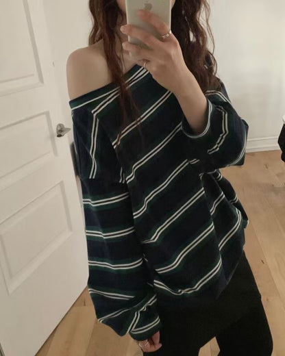 斜脖間條長袖tee