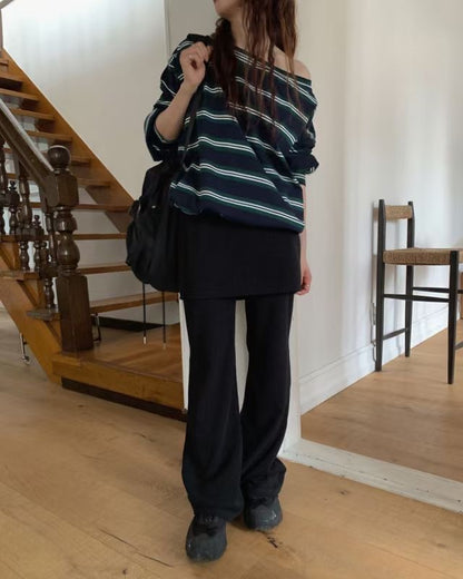 斜脖間條長袖tee