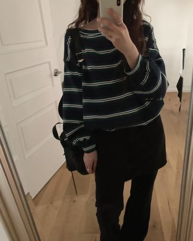 斜脖間條長袖tee