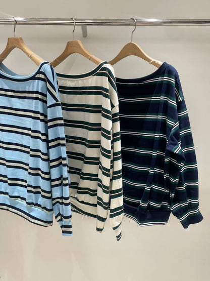 斜脖間條長袖tee