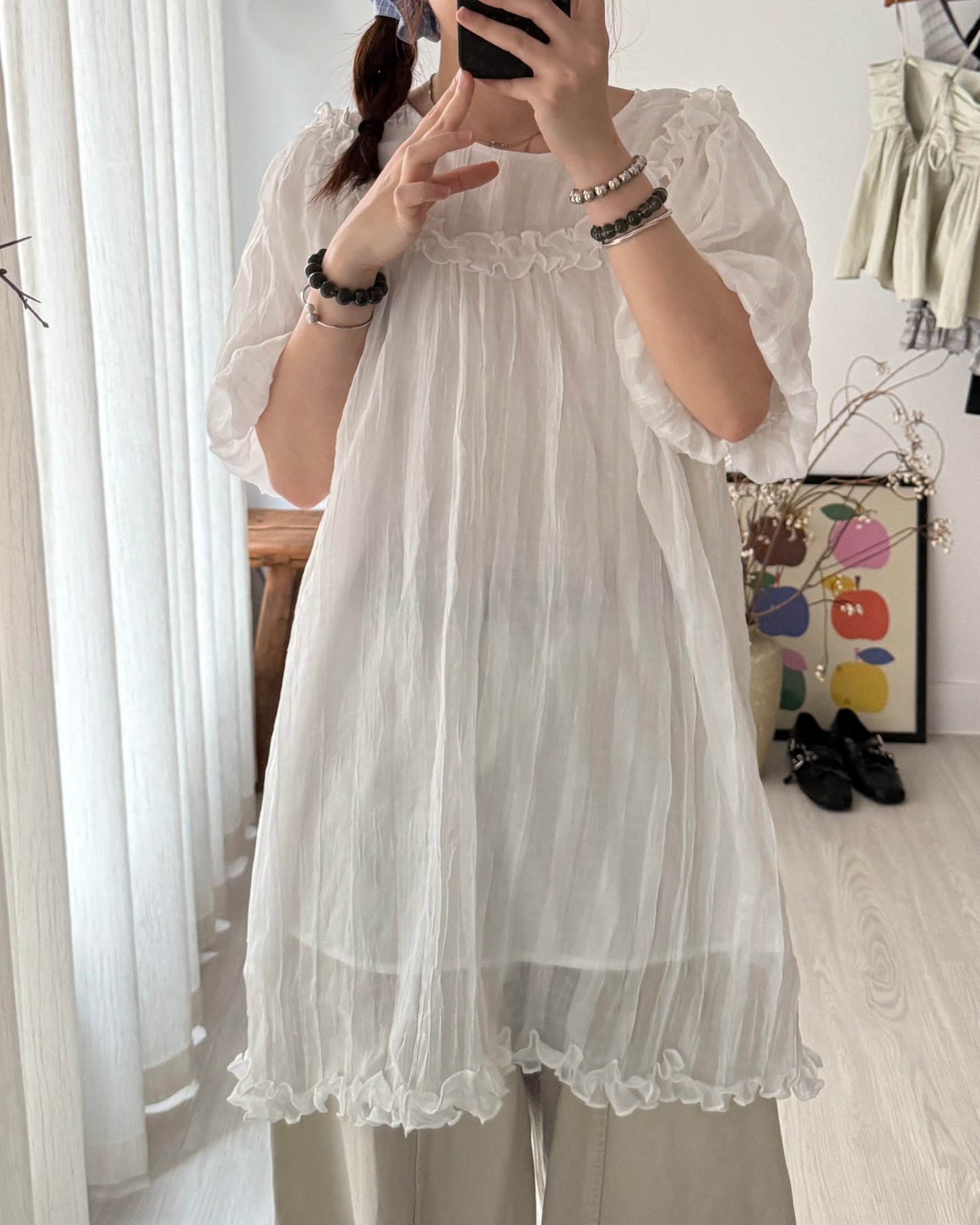 皺皺氣球袖花邊blouse(免燙款）