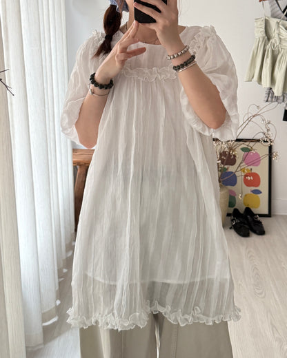 皺皺氣球袖花邊blouse(免燙款）