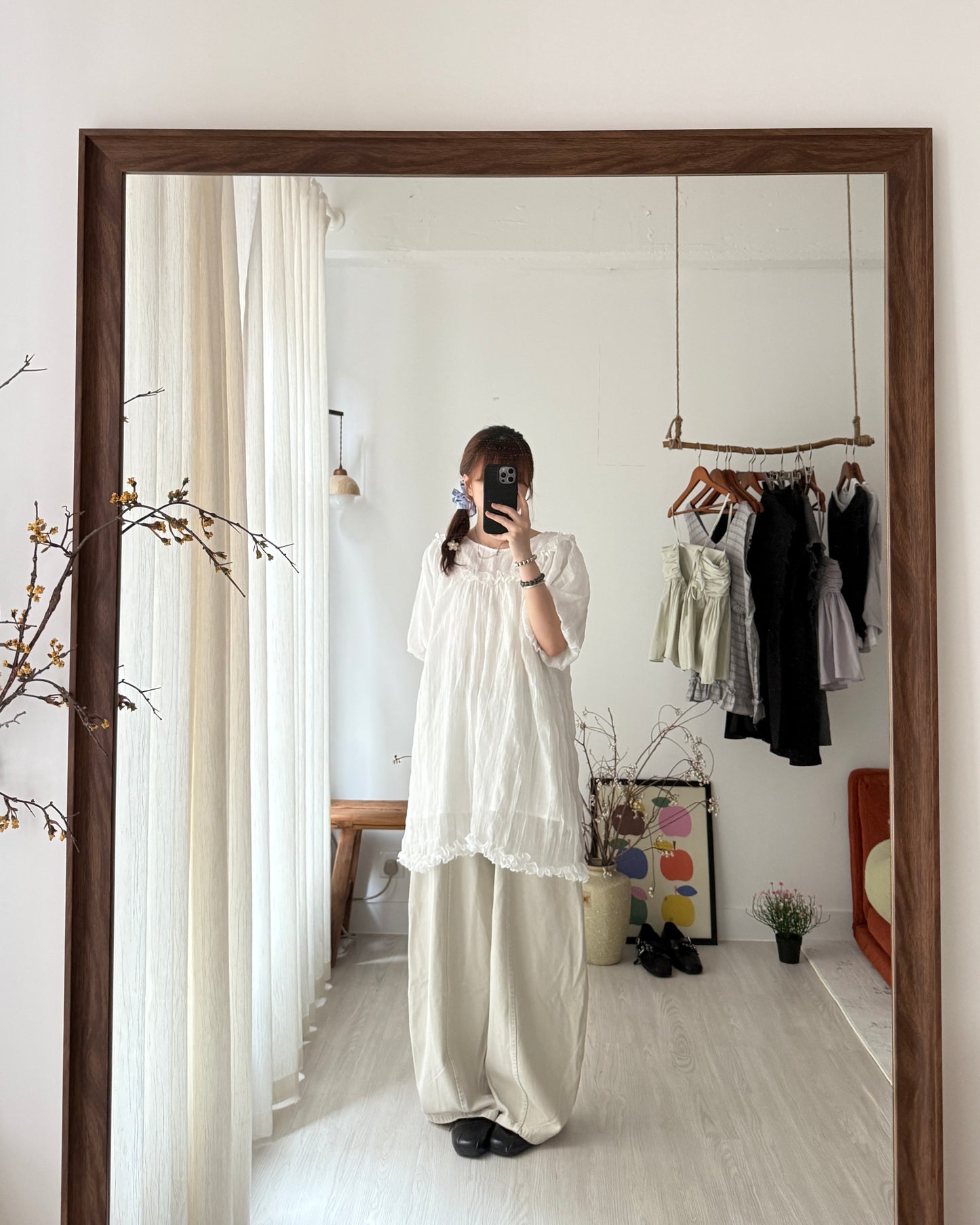 皺皺氣球袖花邊blouse(免燙款）