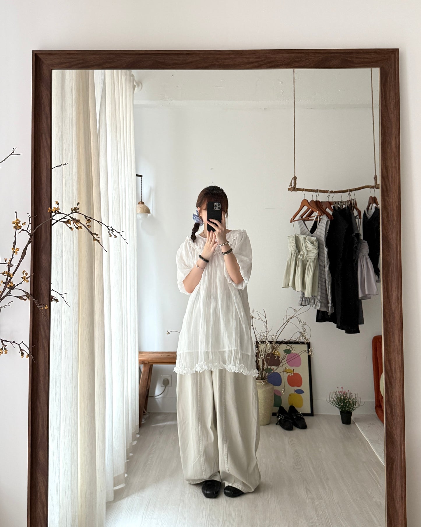 皺皺氣球袖花邊blouse(免燙款）