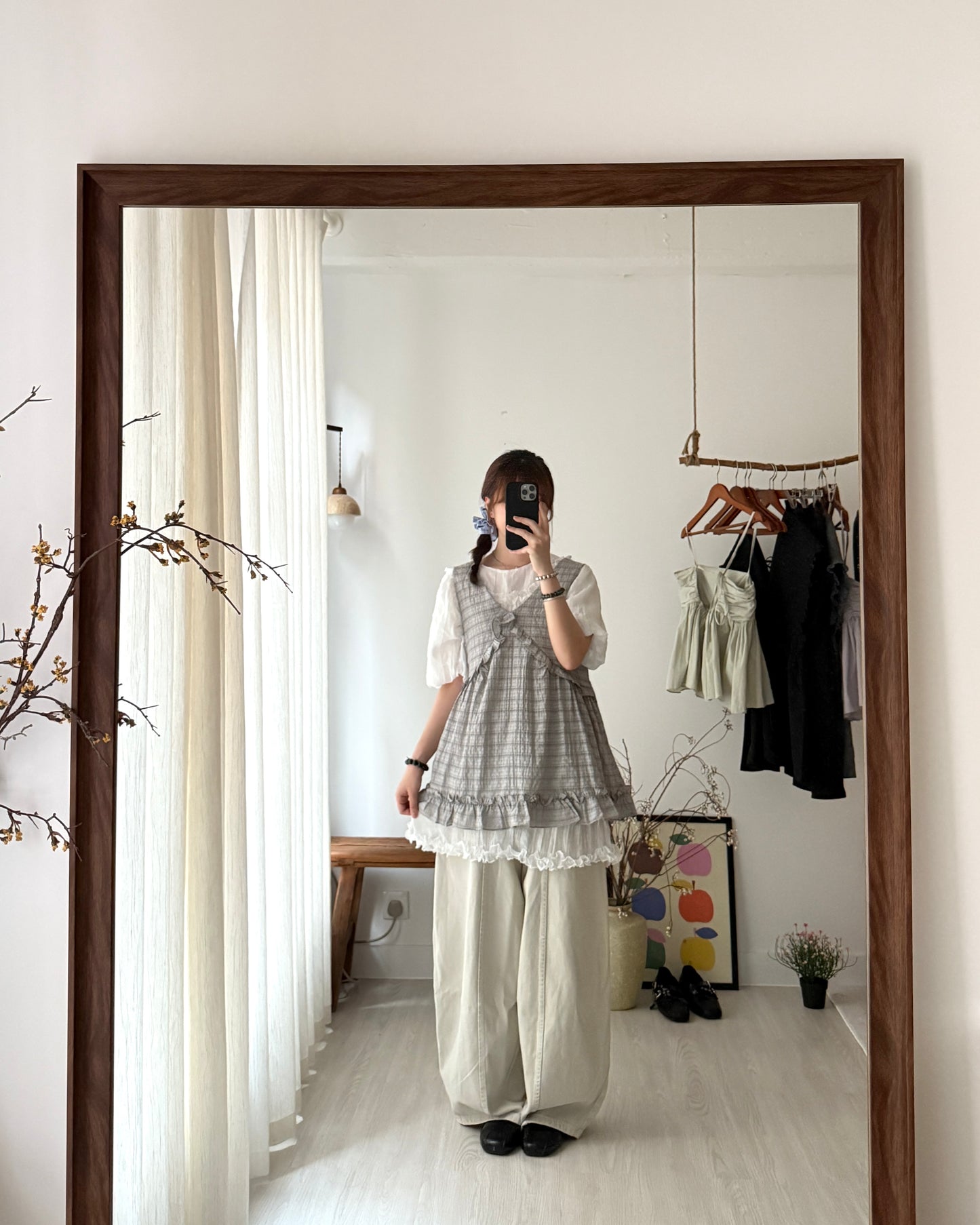 皺皺氣球袖花邊blouse(免燙款）