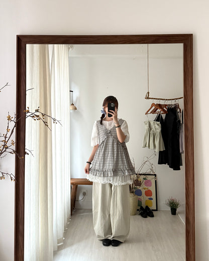 皺皺氣球袖花邊blouse(免燙款）