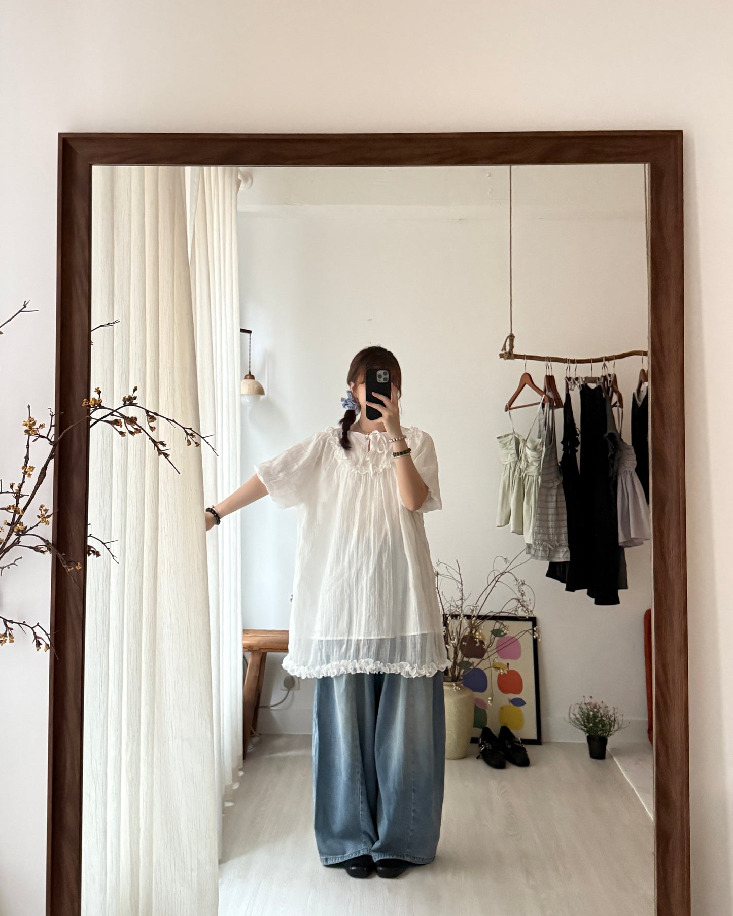 皺皺氣球袖花邊blouse(免燙款）