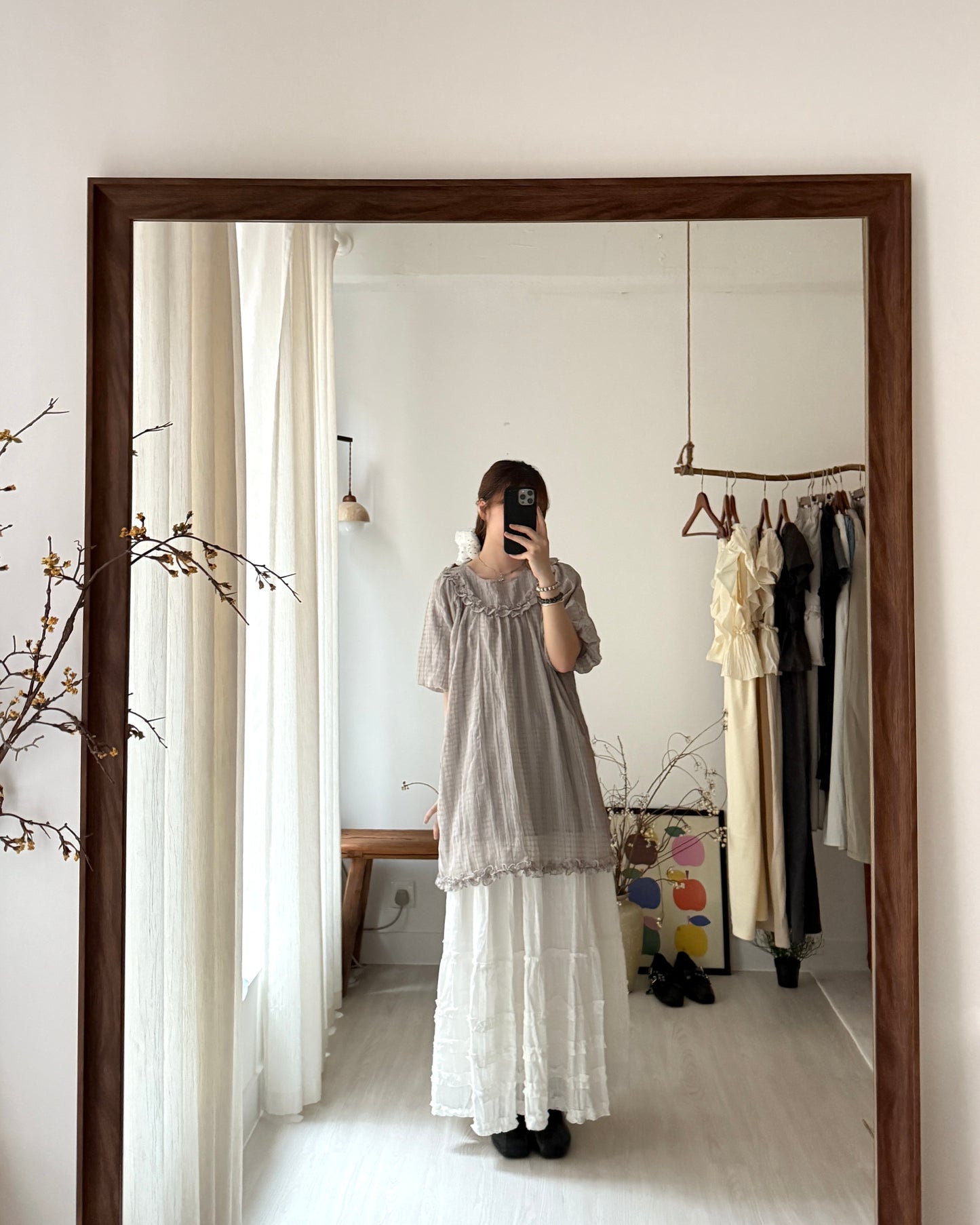 皺皺氣球袖花邊blouse(免燙款）
