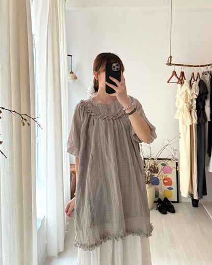 皺皺氣球袖花邊blouse(免燙款）