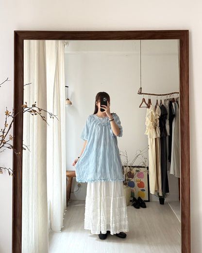 皺皺氣球袖花邊blouse(免燙款）