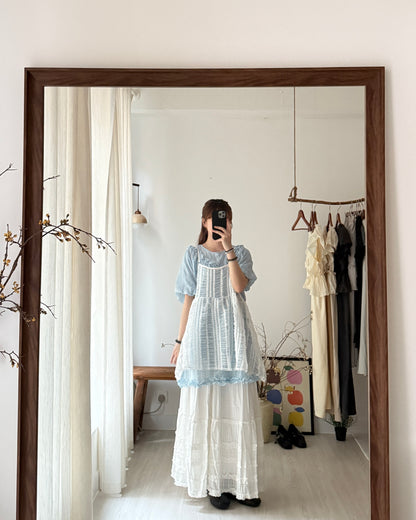 皺皺氣球袖花邊blouse(免燙款）