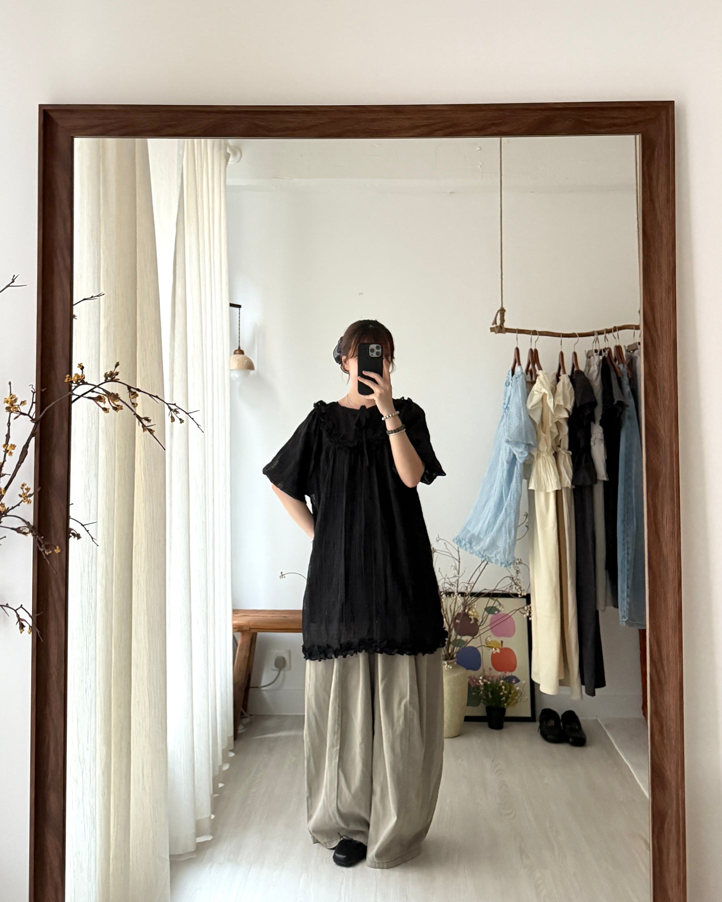 皺皺氣球袖花邊blouse(免燙款）