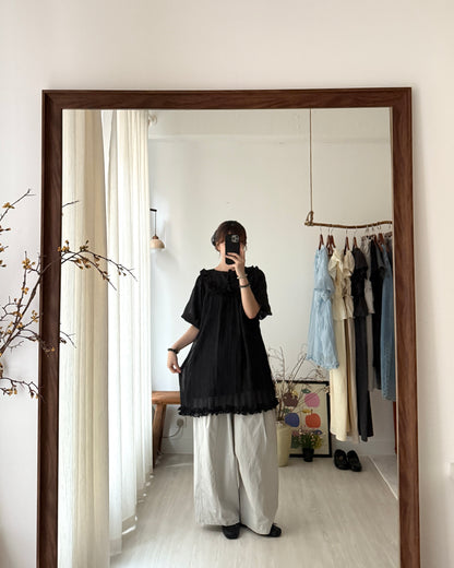 皺皺氣球袖花邊blouse(免燙款）
