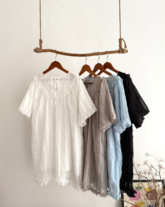 皺皺氣球袖花邊blouse(免燙款）