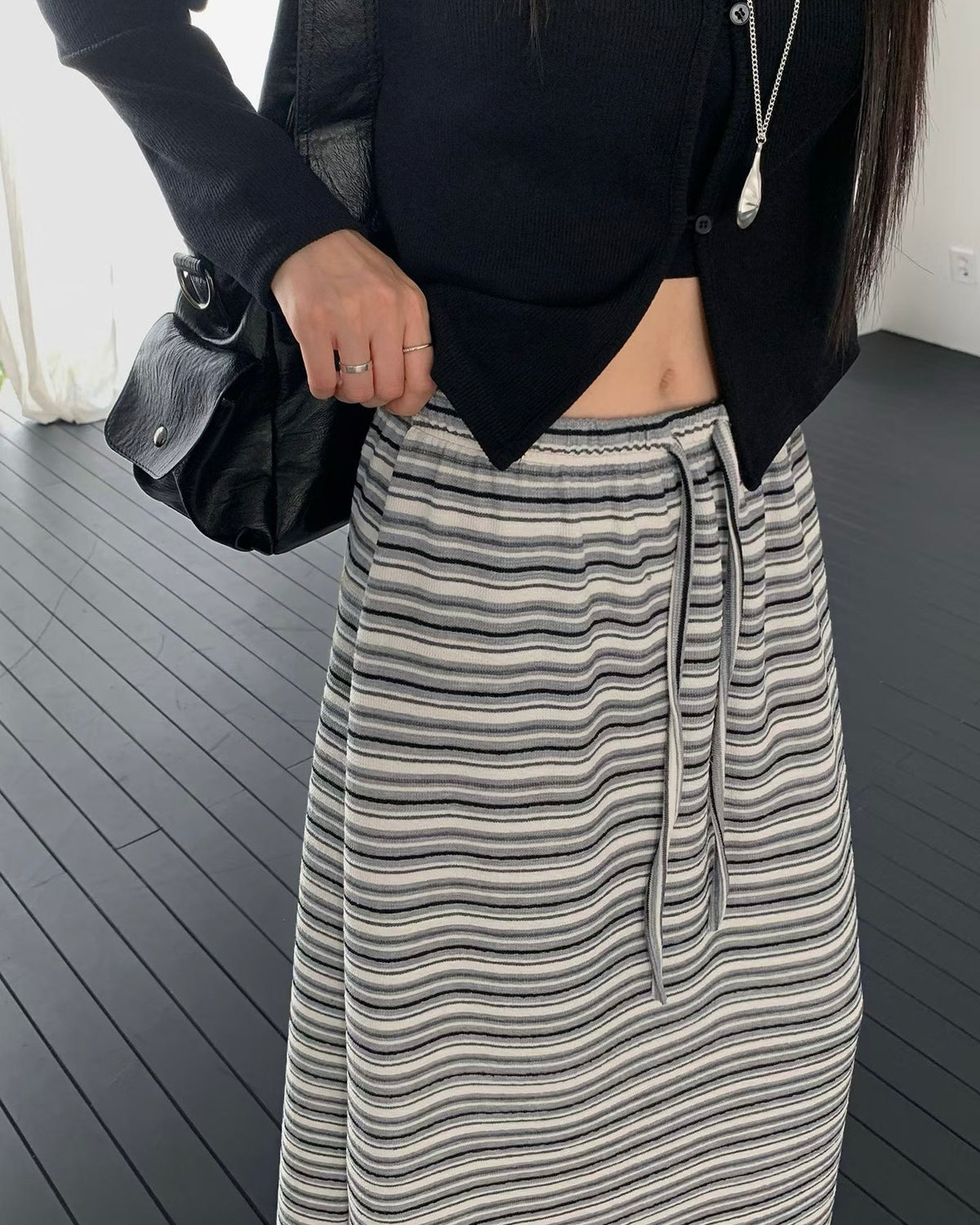 條紋毛圈橡筋半裙